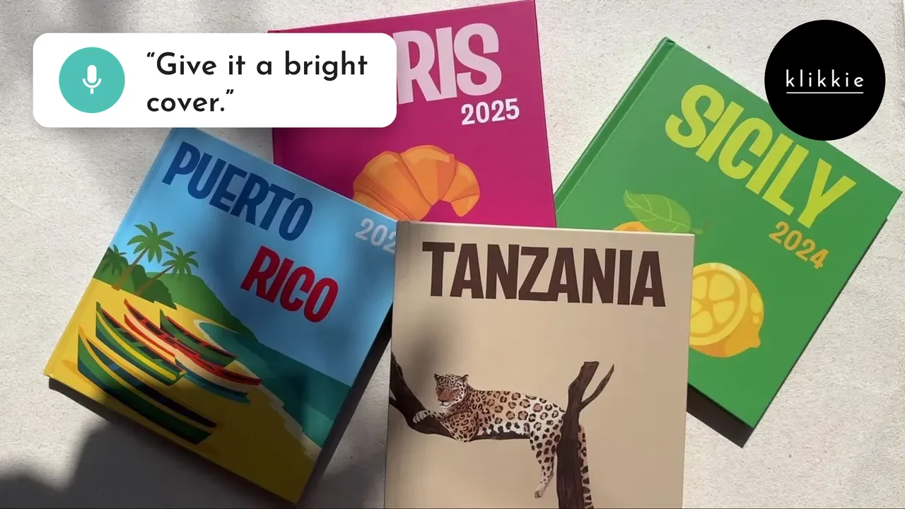 Couvertures de livre photo colorées pour Paris, la Sicile, Porto Rico et la Tanzanie, avec une bulle klikkie agent qui dit donne-lui une couverture vive