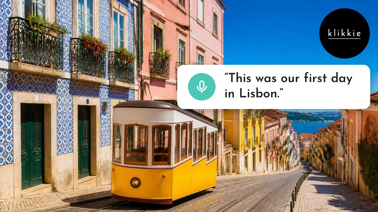 Un tramway jaune dans une rue ensoleillée de Lisbonne, avec le texte « This was our first day in Lisbon. »