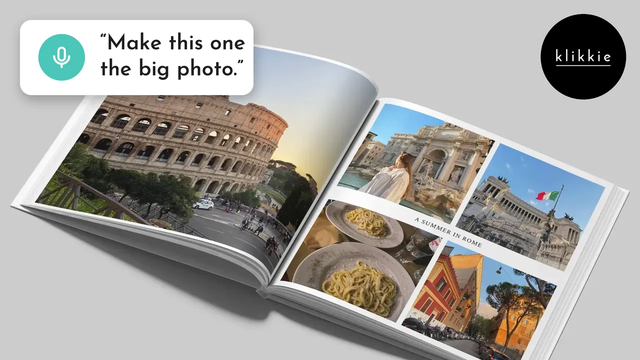 Un livre photo klikkie ouvert avec des photos de Rome, avec le texte « Make this one the big photo. »